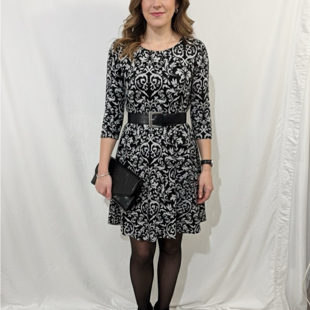 Tiana B. Elegant Women's Black and White Patterned Dress Damask Scroll Print